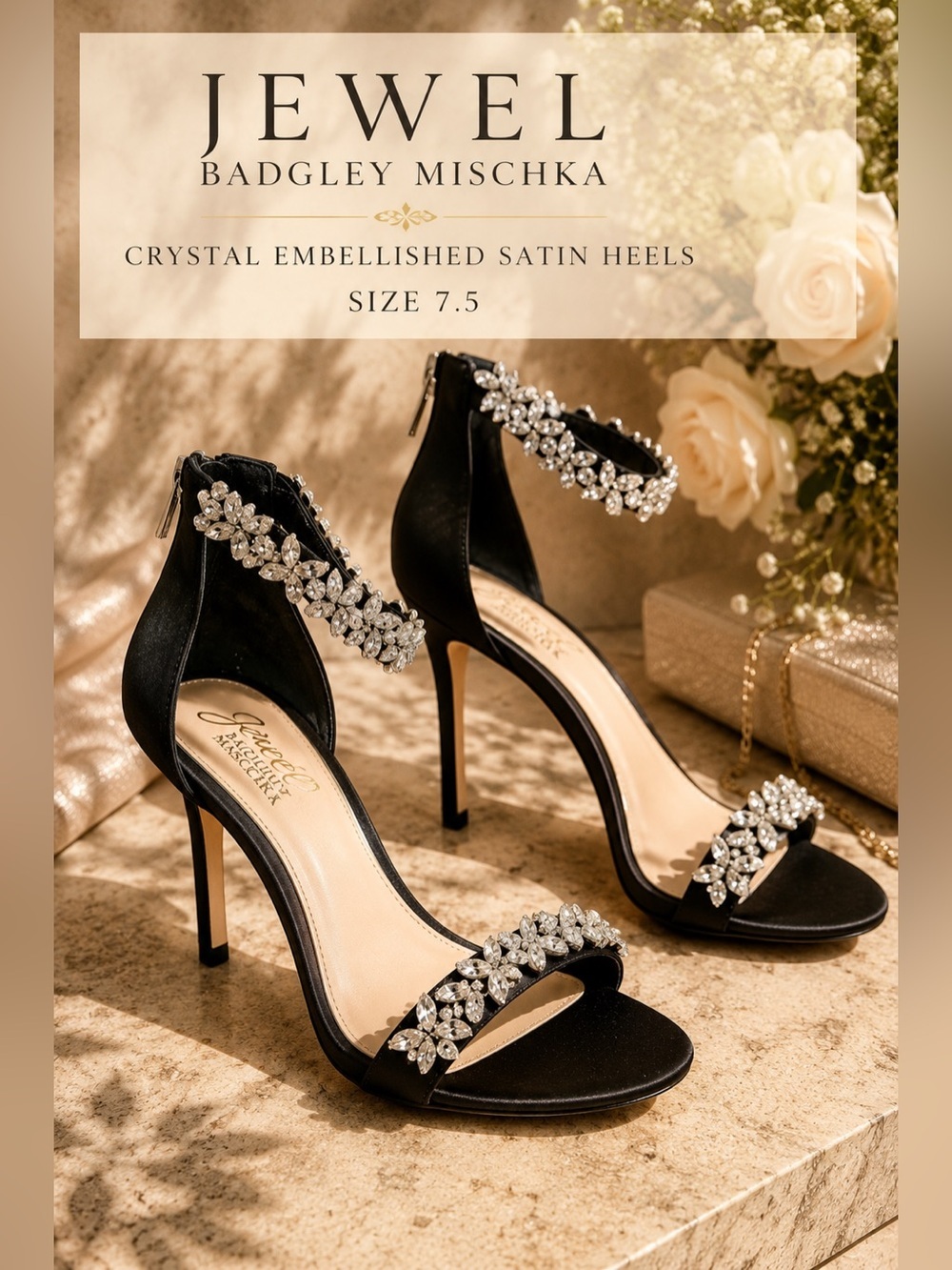 Jewel Badgley Mischka Crystal Embellished Satin Heels Black Size 7.5